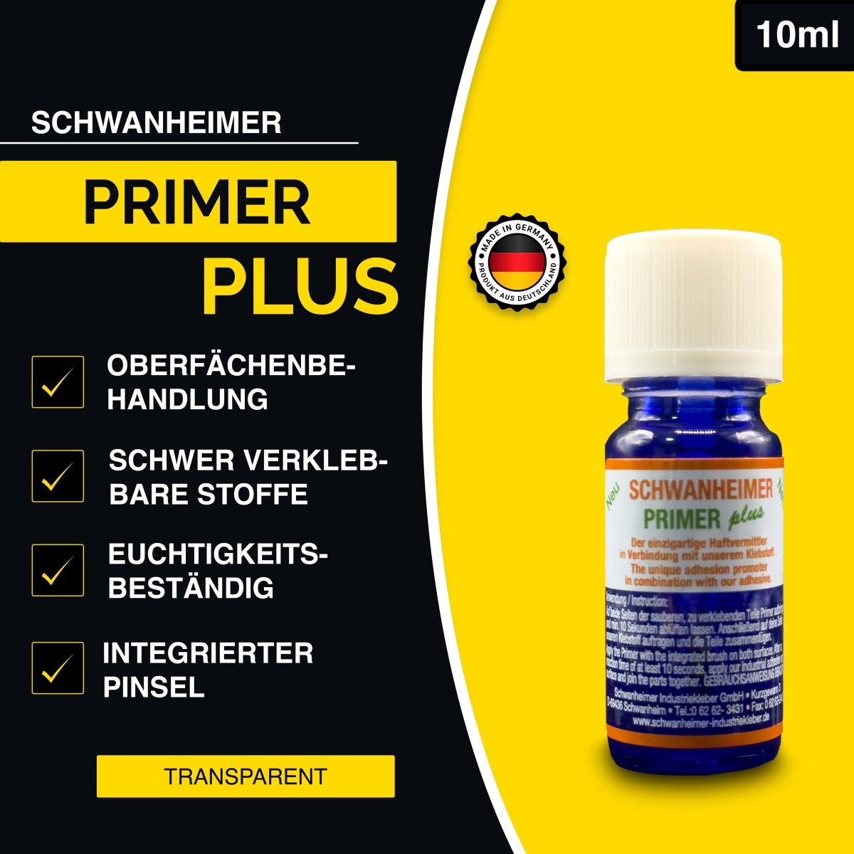 Schwanheimer Primer Plus / 10ml - für schwer zu verklebende Kunststoffe (Silikon & Teflon etc.) - KleberKompass