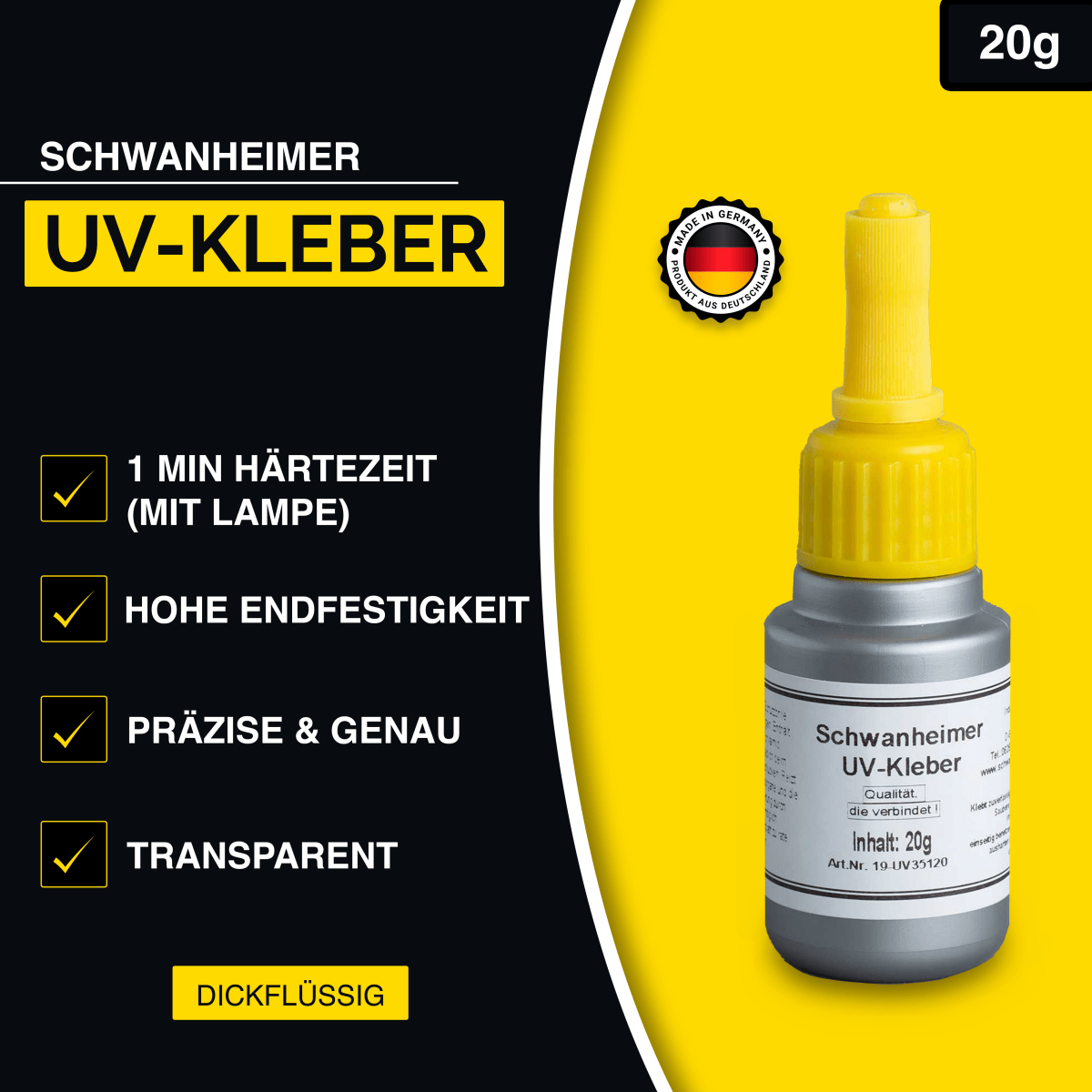 Schwanheimer UV Kleber / 20g - Für stark belastete Verklebungen von Glas oder Acryl - KleberKompass